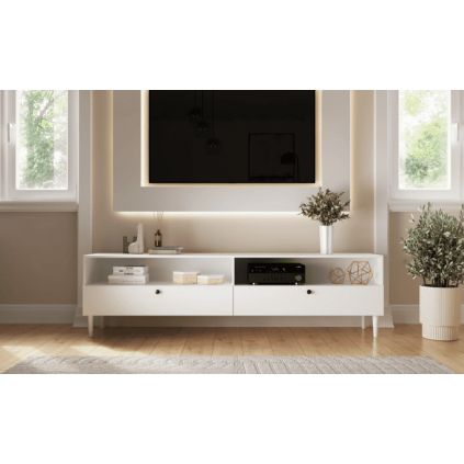 minimalistický TV stolík DULLUM biely v obývačke